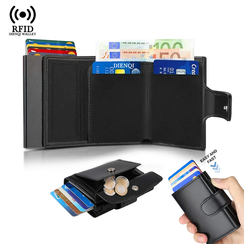 Coin Holder Men - กระเป๋าใส่บัตรเครดิตแบบโลหะ ป้องกัน RFID สีดำ แบบพับสามตอน มีตัวล็อค