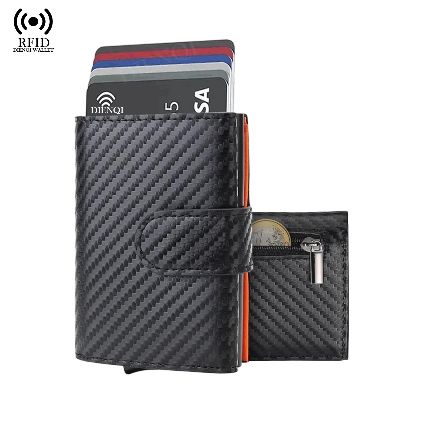 Coin Holder Men - กระเป๋าใส่บัตรหนังไมโครไฟเบอร์ ป้องกัน RFID พร้อมช่องใส่บัตรคาร์บอน กระเป๋าสตางค์แบบป๊อปอัพ อลูมิเนียม
